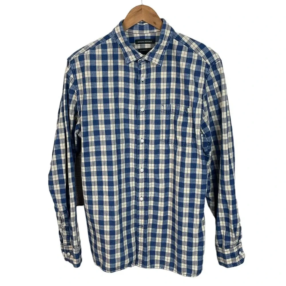BF828 Mens Banana Republic Plaid CAMDEN Fit Flannel Button Down Shirt L